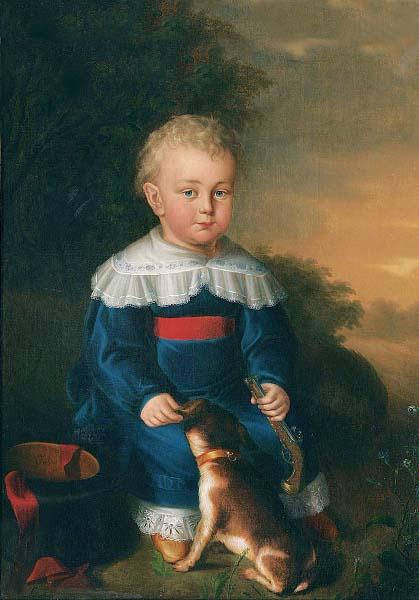 unknow artist Portrait of a young boy with toy gun and dog France oil painting art